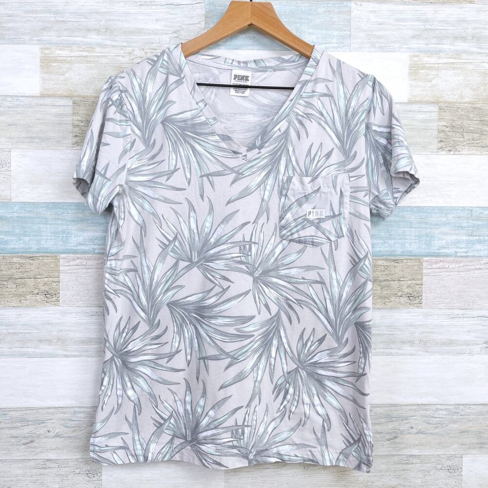 PINK Victorias Secret Relaxed Pocket Tee Gray Tropical Floral Lounge Womens XS